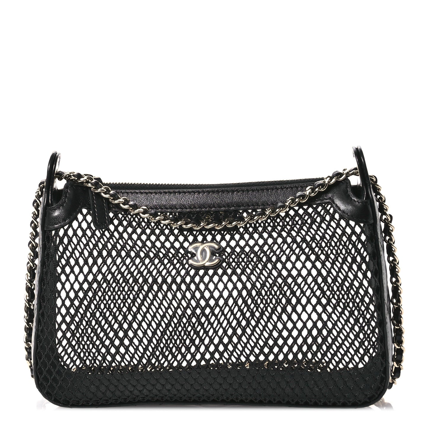 Mesh Shiny Lambskin Clutch With Chain  Black