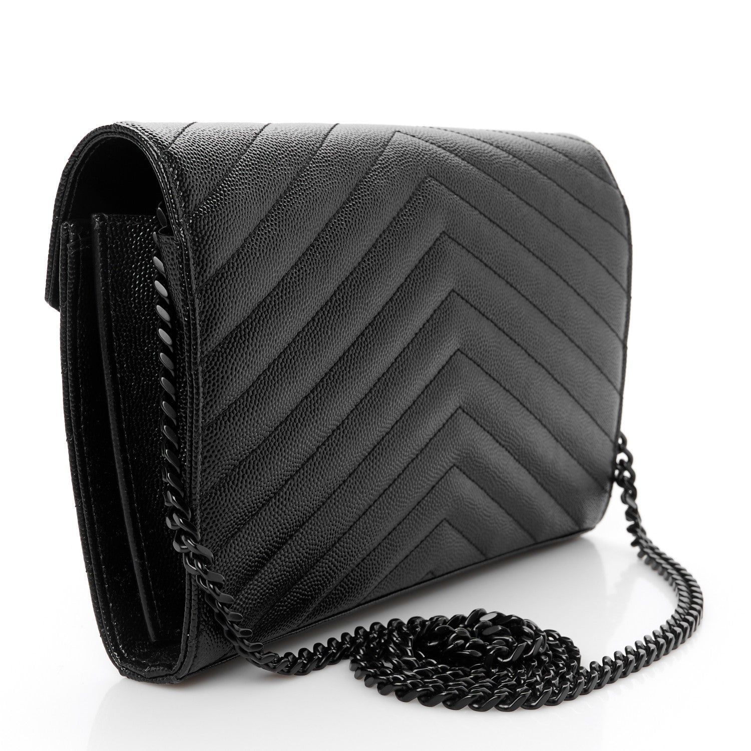Saint Laurent Grain De Poudre Matelasse Chevron Monogram Monochrome Chain Wallet Black 3 of 9