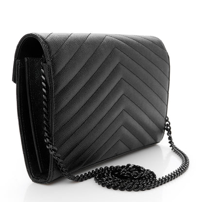 Saint Laurent Grain De Poudre Matelasse Chevron Monogram Monochrome Chain Wallet Black 3 of 9