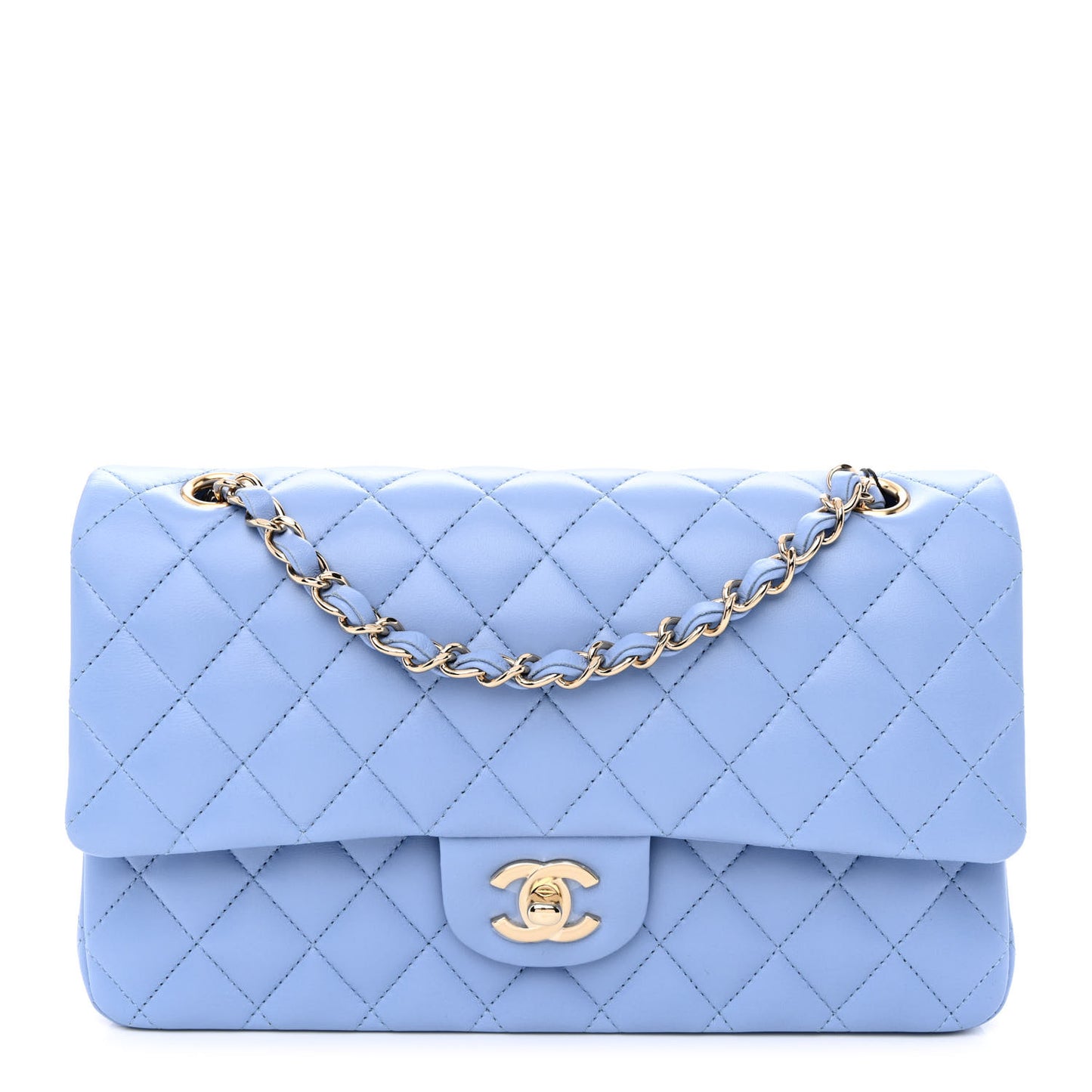 Lambskin Quilted Medium Double Flap Light Blue