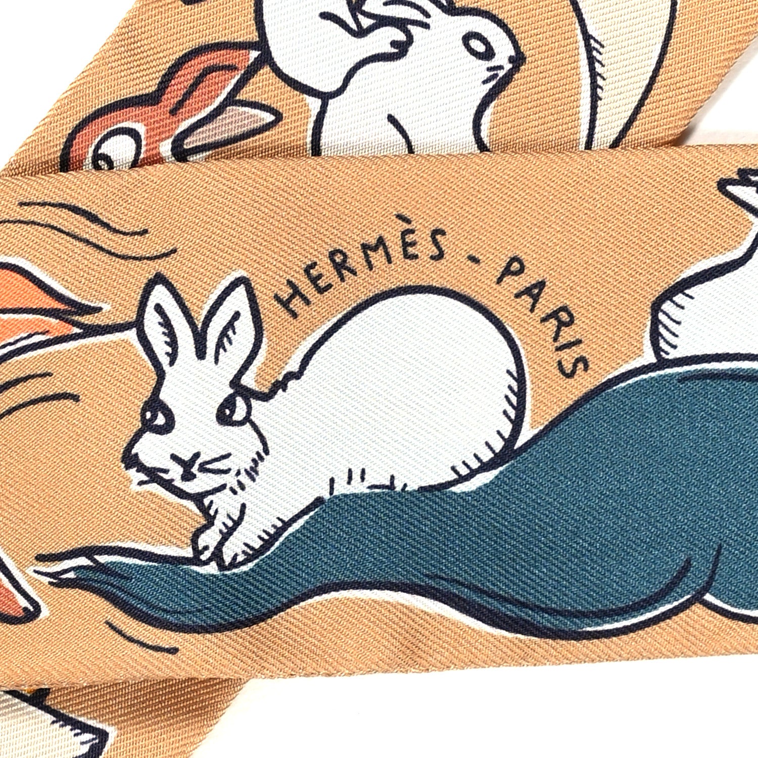 Hermes Silk Mille Et Un Lapins Twilly Beige Dore Abricot White 4 of 4