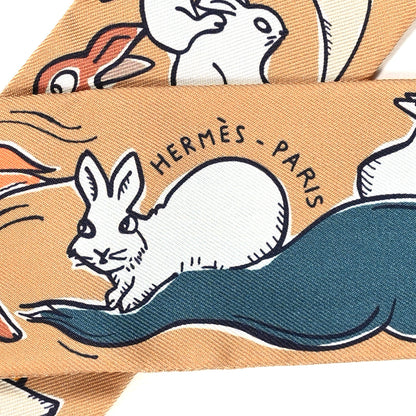 Hermes Silk Mille Et Un Lapins Twilly Beige Dore Abricot White 4 of 4