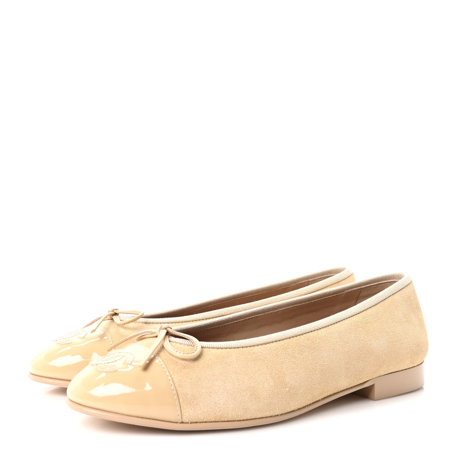 Suede Patent Calfskin Cap Toe CC Ballerina Flats 37 Beige