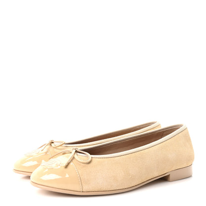 Chanel Suede Patent Calfskin Cap Toe CC Ballerina Flats 37 Beige 4 of 10