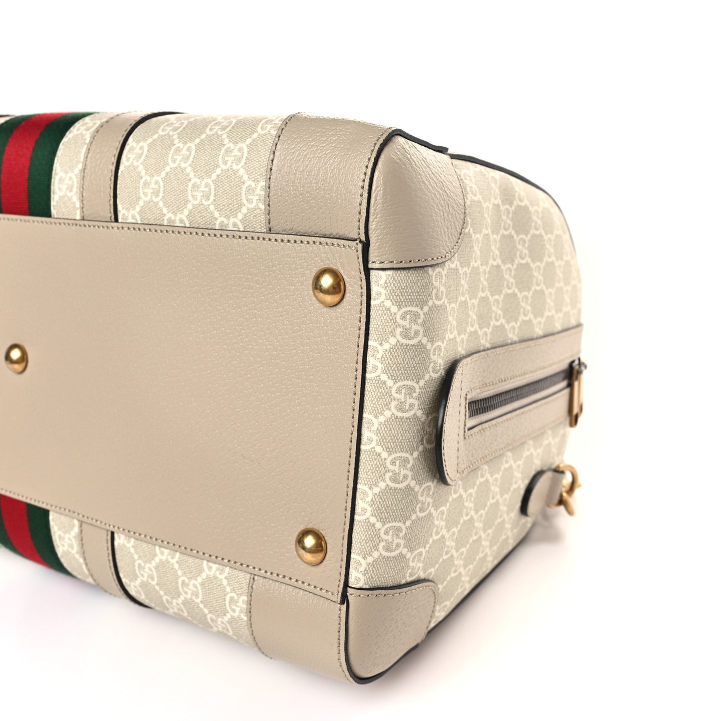 GG Supreme Monogram Textured Dollar Calfskin Web Medium Savoy Duffle Bag Beige Mystic White Oatmeal