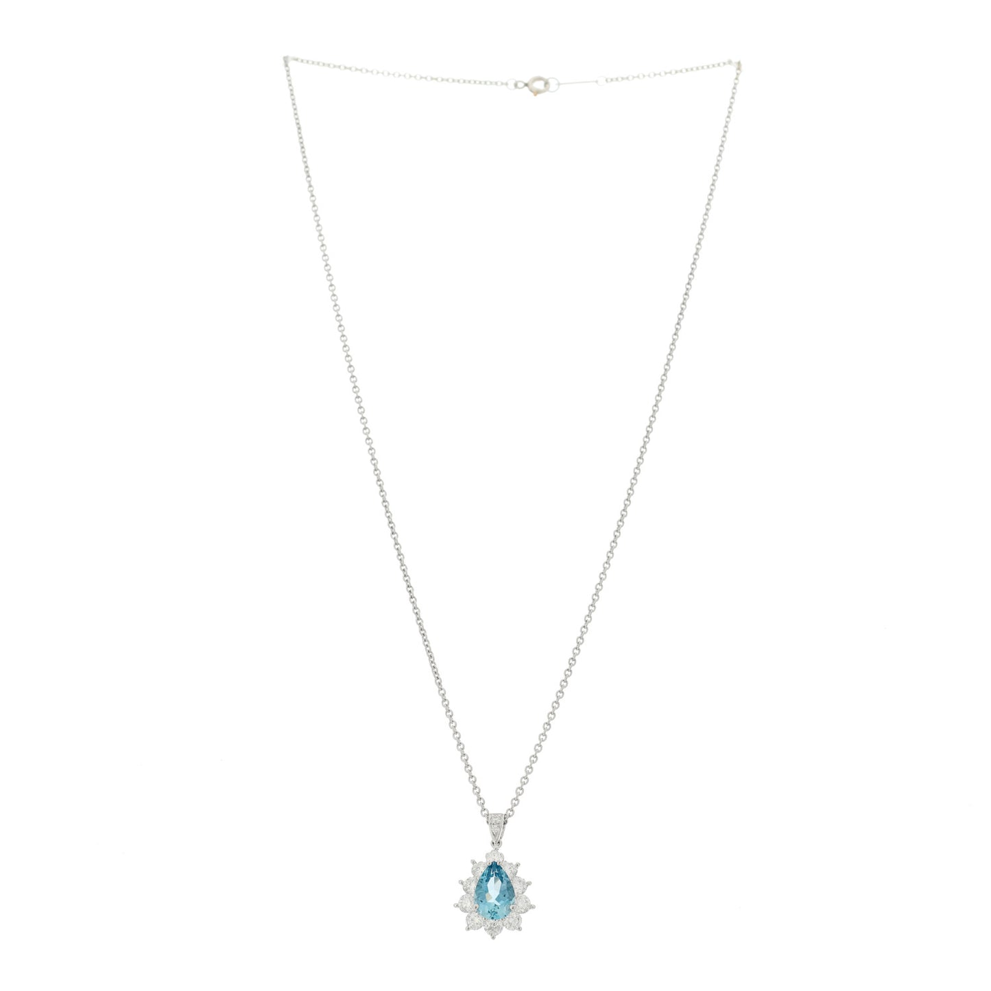 Platinum Diamond Aquamarine Pear Shaped Pendant Necklace