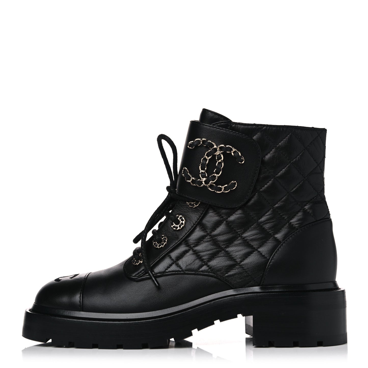 Shiny Lambskin Quilted Lace Up Combat Boots 37 Black