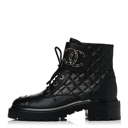 Chanel Shiny Lambskin Quilted Lace Up Combat Boots 37 Black 1 of 5