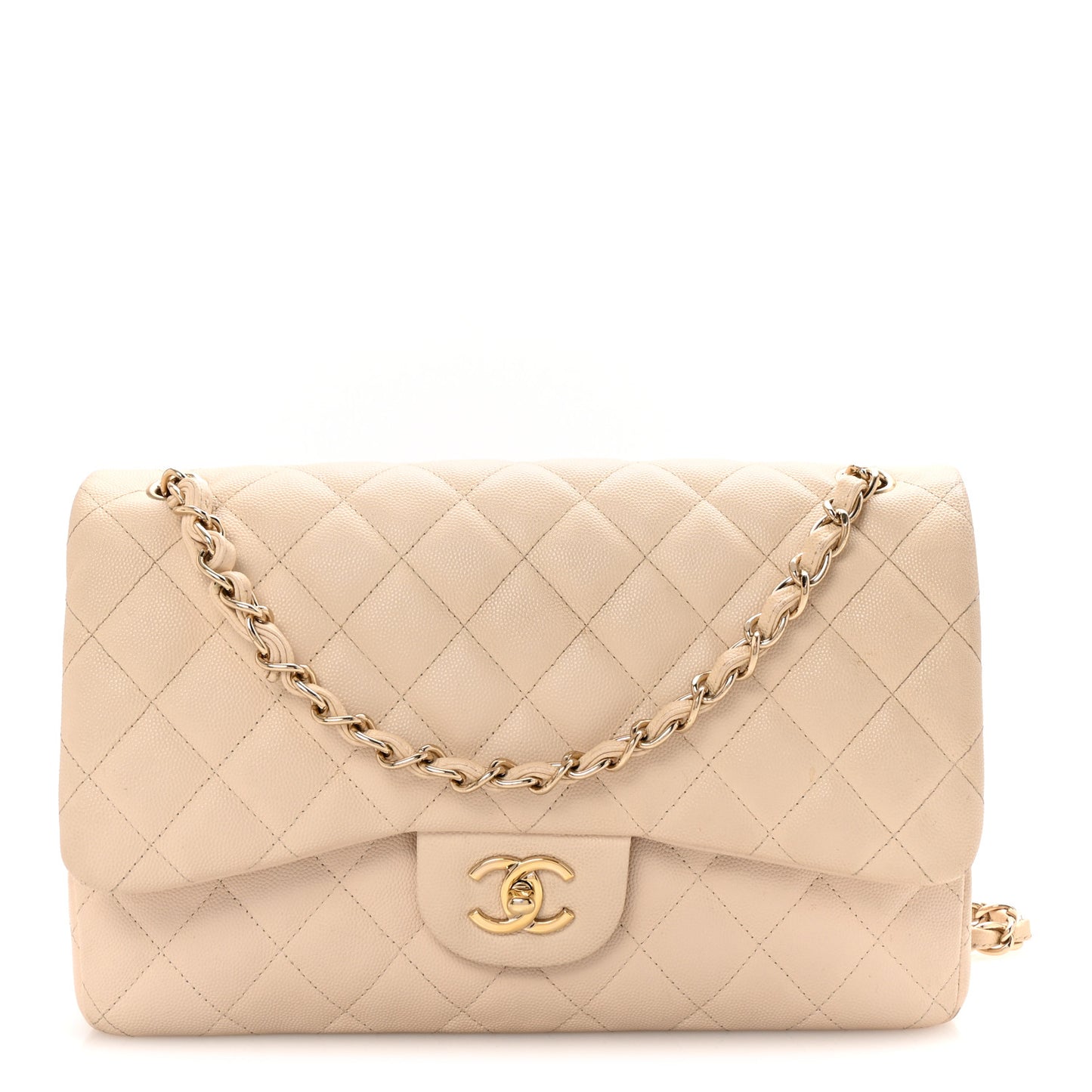 Caviar Quilted Jumbo Double Flap Light Beige