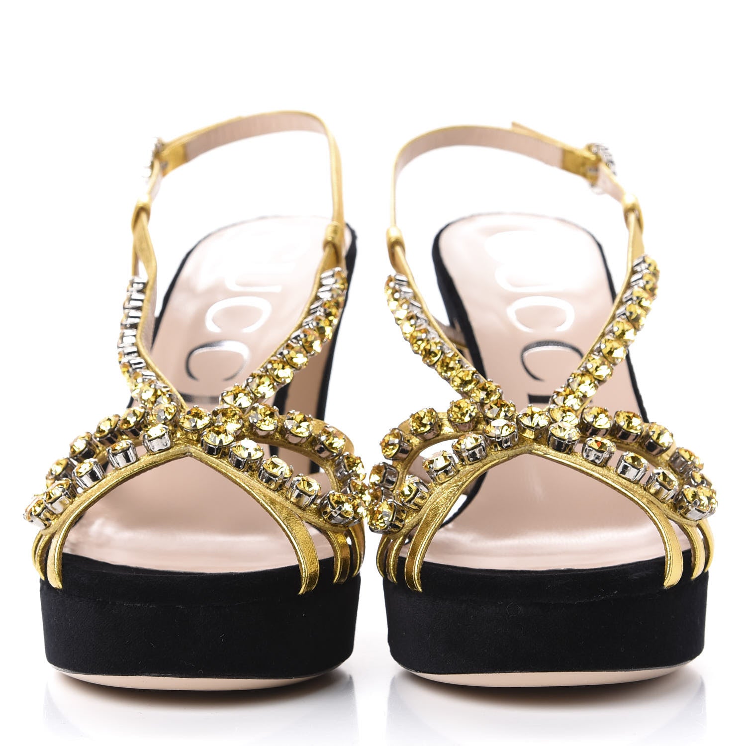 Gucci Velvet Nappa Crystal Zephyra Slingback Platform High Heel Sandals 40 Black Gold 2 of 9