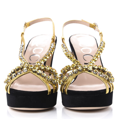 Gucci Velvet Nappa Crystal Zephyra Slingback Platform High Heel Sandals 40 Black Gold 2 of 9