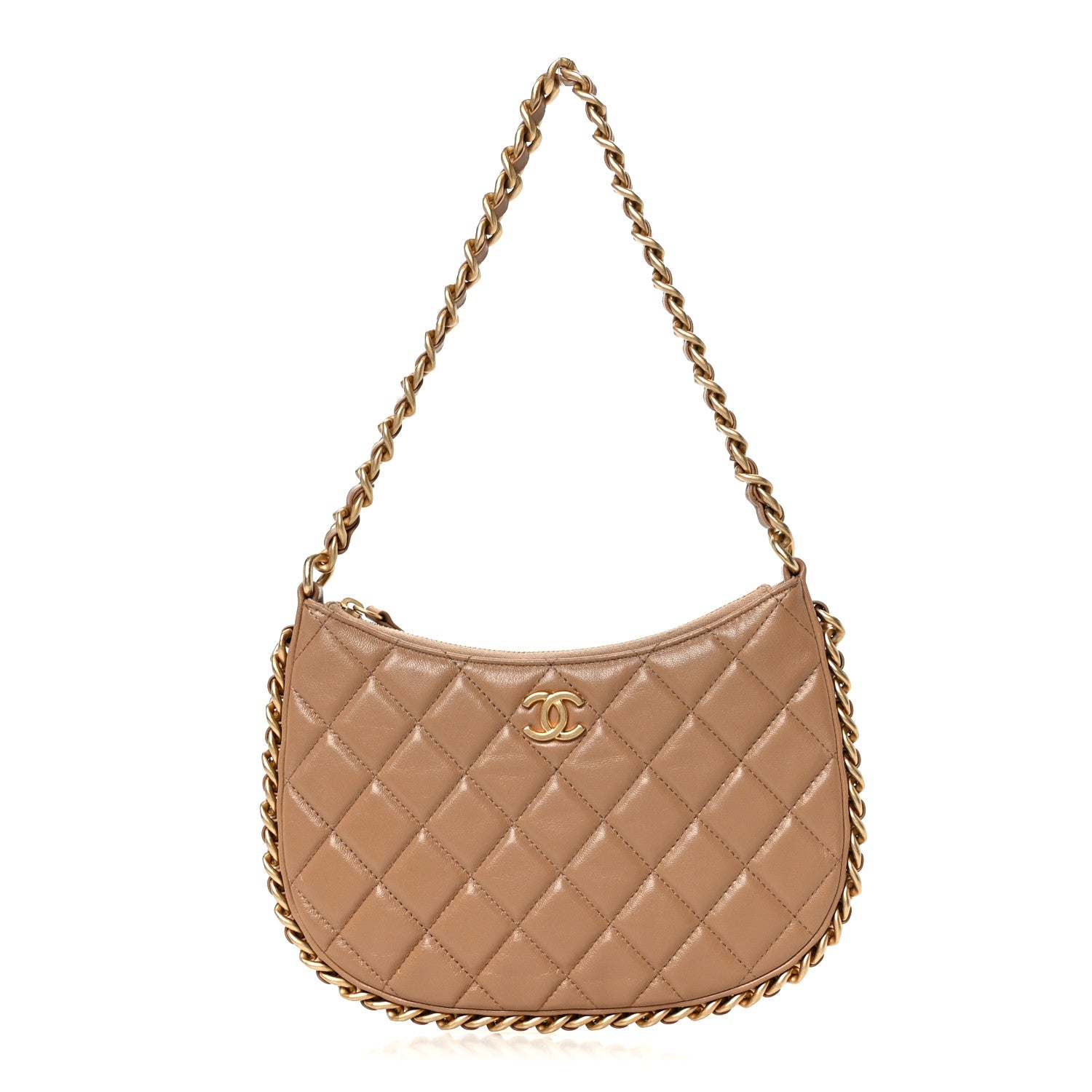 Chanel Shiny Crumpled Lambskin Quilted Trendy Chain Around Hobo Dark Beige 1 of 10