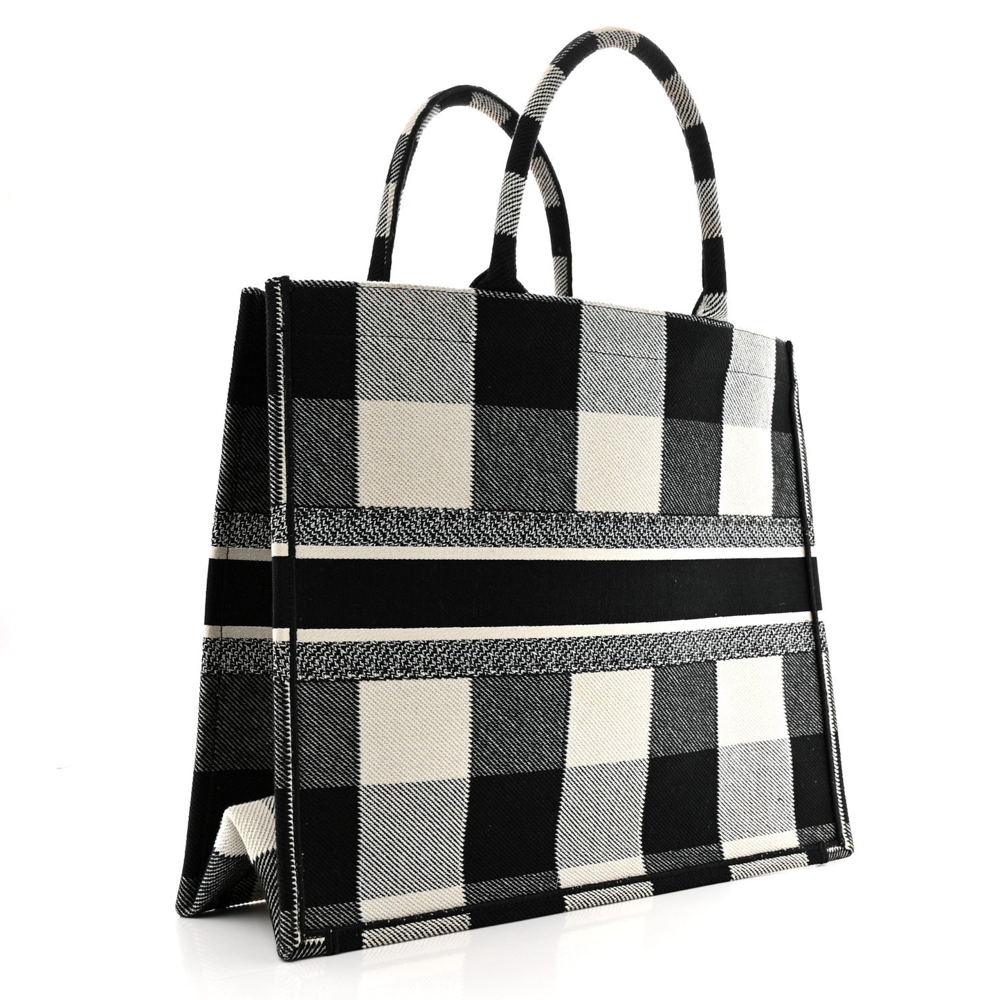 Canvas Embroidered Checkered Book Tote Black White