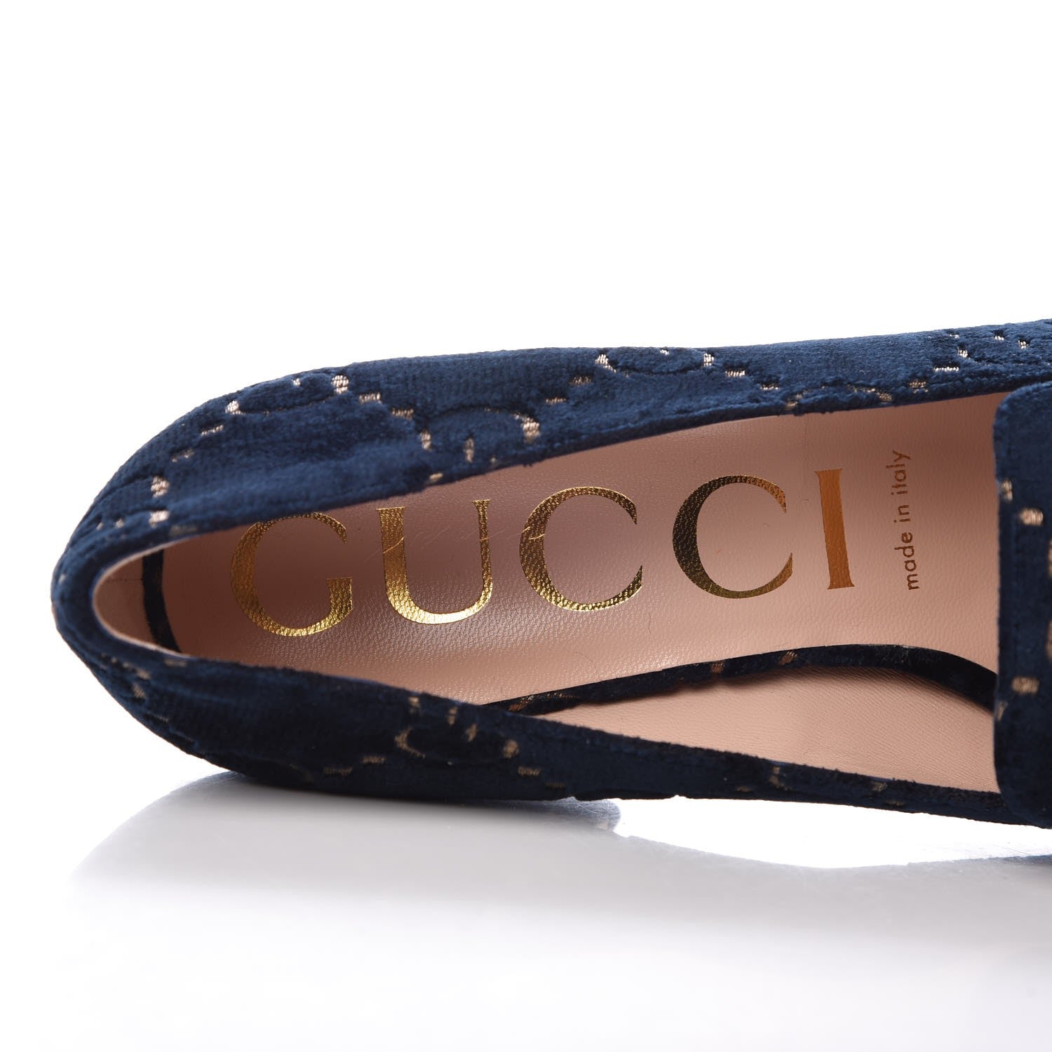 Gucci Velvet GG Monogram Sylvie Web Chain Mid Heel Loafers 39 Blue Beige 7 of 10