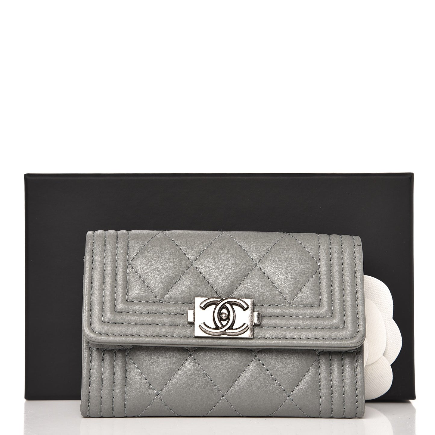Lambskin Quilted Boy Card Holder Wallet Grey