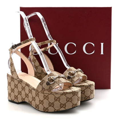 Gucci Monogram Nappa Chalotte Horsebit Ankle Strap 75mm Flatform Sandals 37.5 Beige Ebony 9 of 9