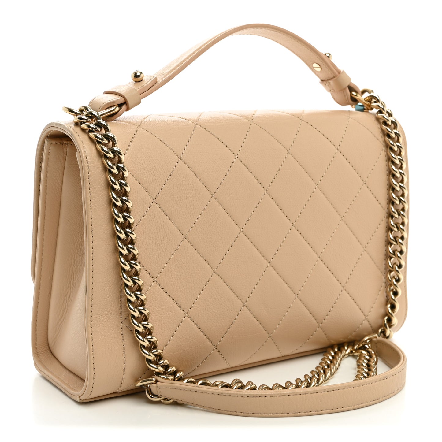 Grained Calfskin Quilted Medium Label Click Flap Bag Beige