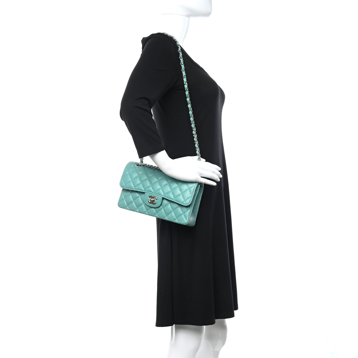 Iridescent Caviar Quilted Small Double Flap Green