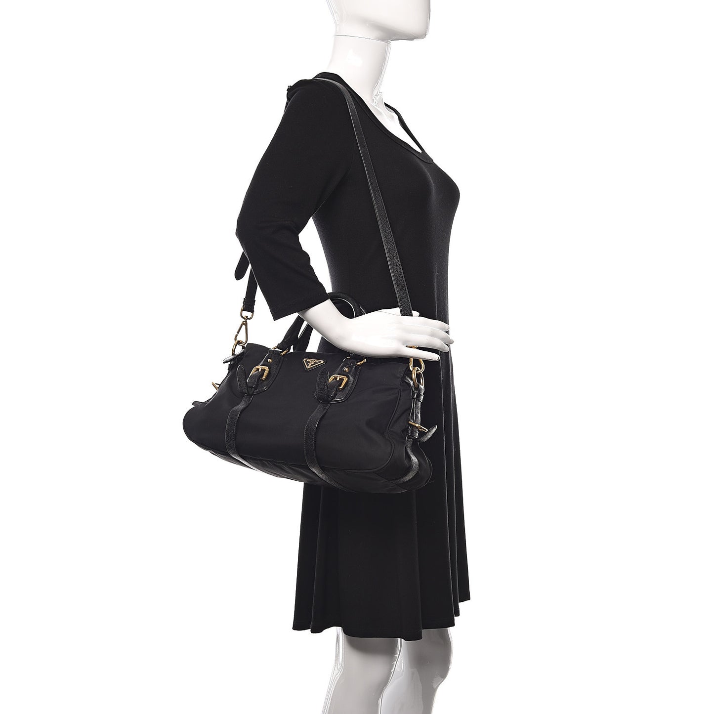 Tessuto Nylon Calfskin Shopping Satchel Black