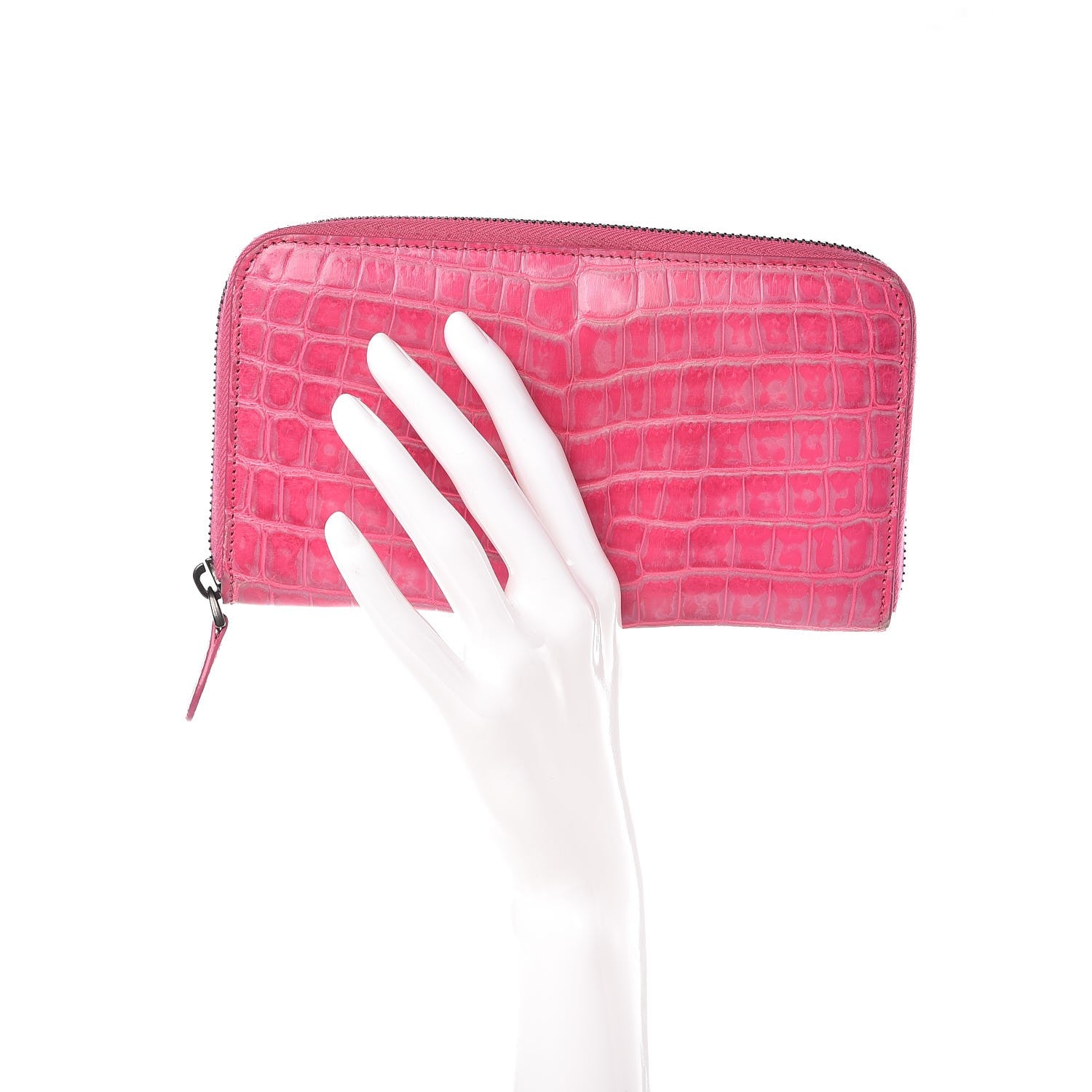 Bottega Veneta Shiny Crocodile Fume Zip Around Wallet Bright Pink 2 of 10