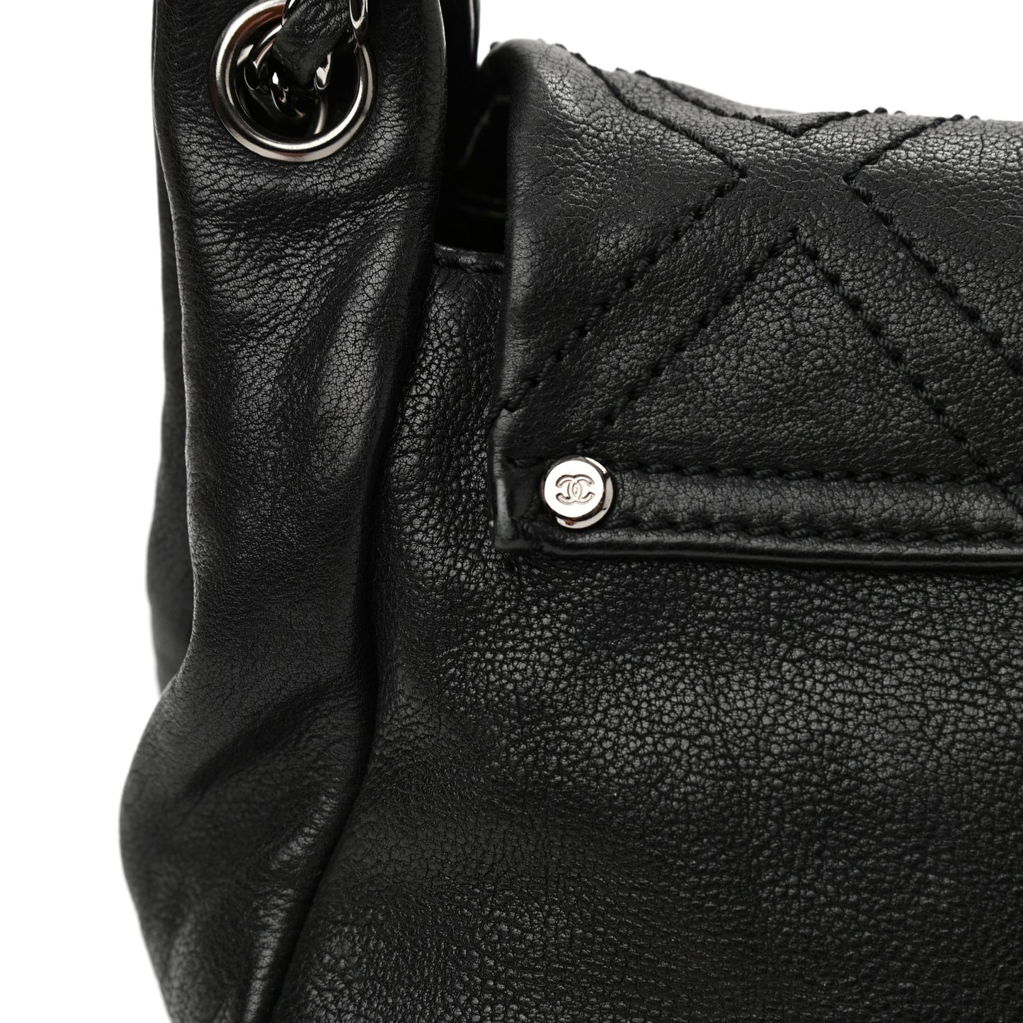 Calfskin Diamond Stitch Accordion Flap Black