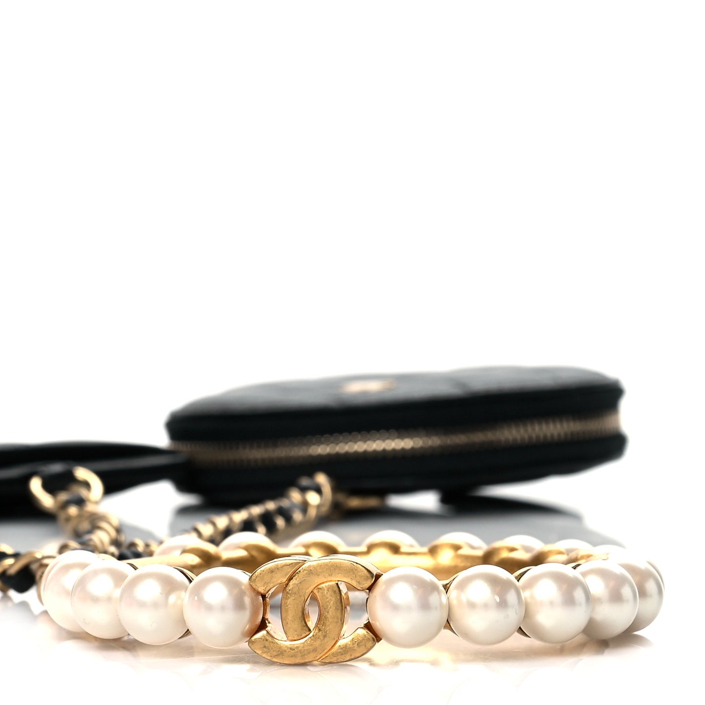 Pearl Lambskin Pearl Crown CC Wristlet Multi Pouches Black
