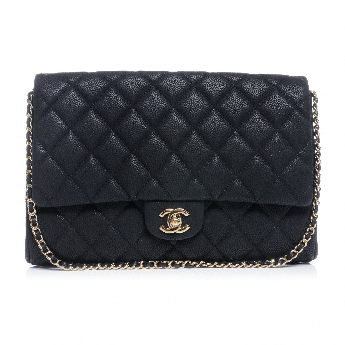 Iridescent Caviar Flap Clutch Bag Black