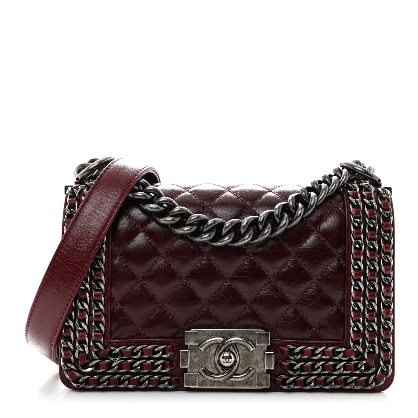 Glazed Calfskin Quilted Small Boy Chained Flap Burgundy
