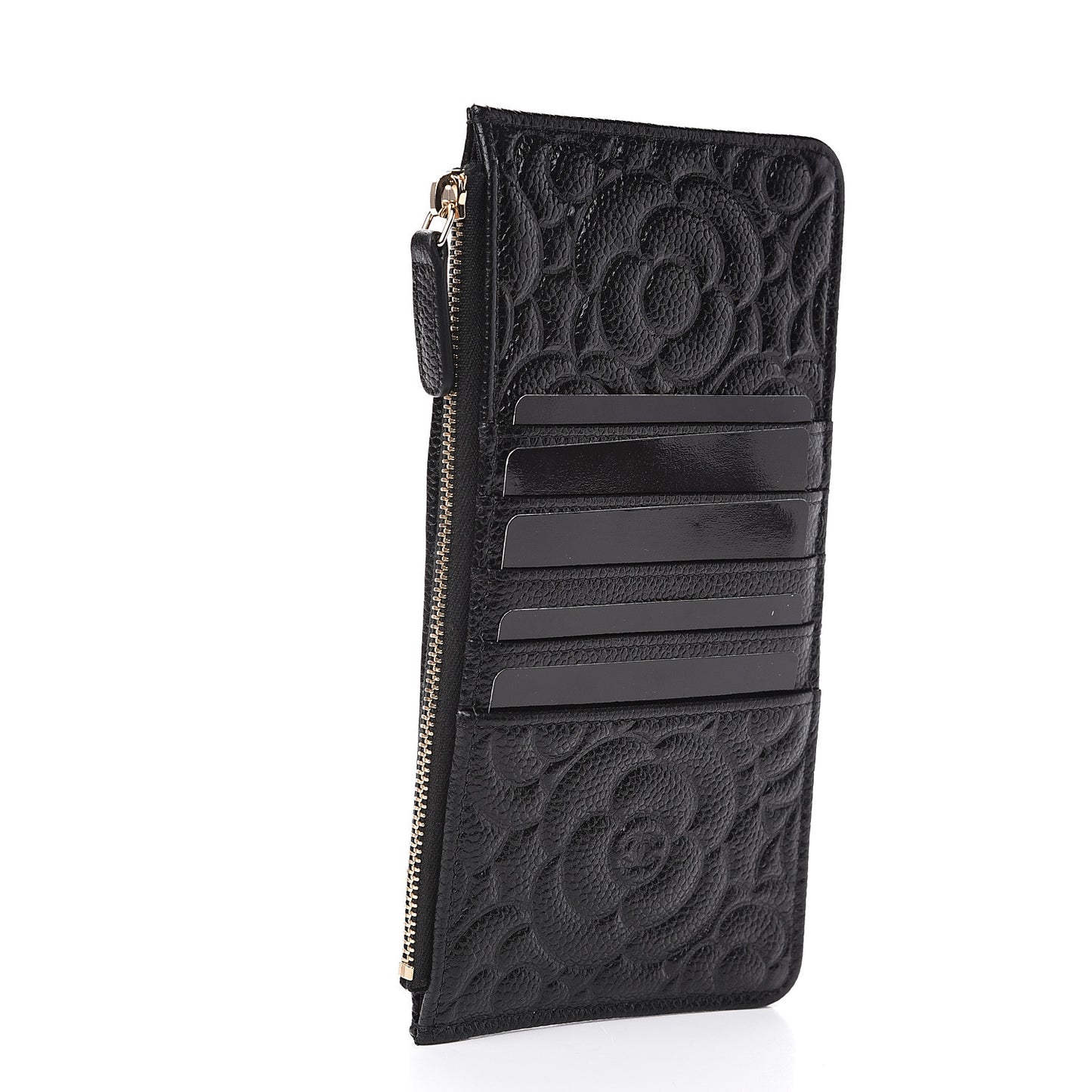Caviar Camellia Embossed Classic Flat Wallet Pouch Black