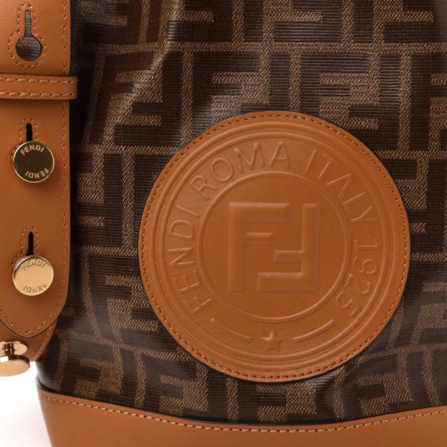 Glazed Fabric Vitello Grace F is Fendi FF 1974 Stamp Patch Grande Mon Tresor Bucket Bag Mogano Panna Nocciola