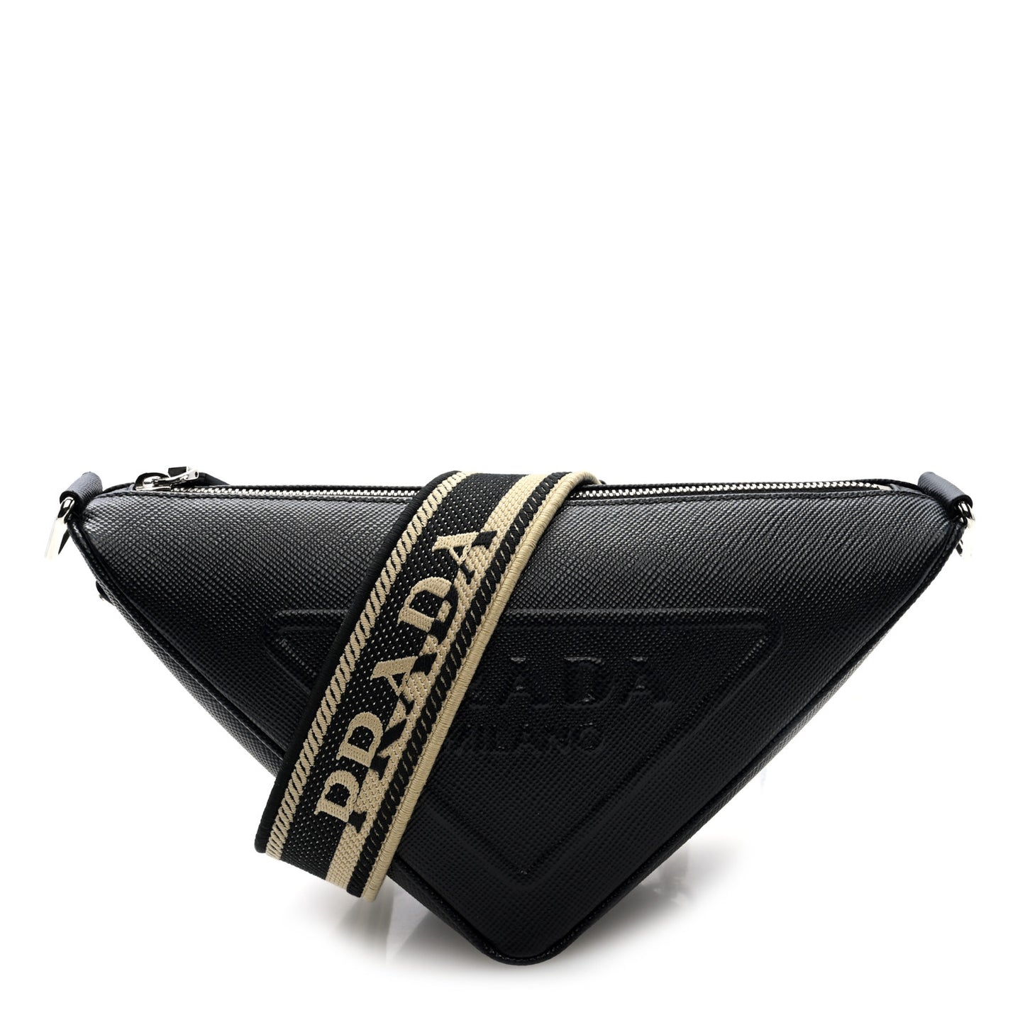 Saffiano Cuir Triangle Logo Embossed Triangle Shoulder Bag Black