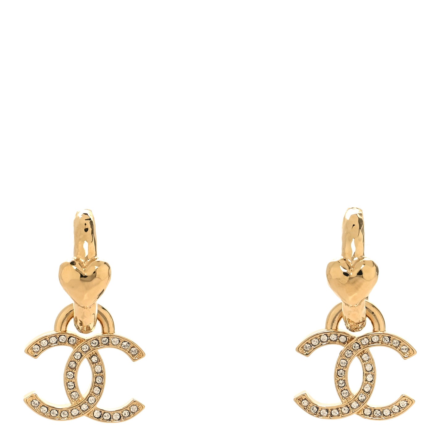 Metal Crystal CC Heart Drop Hoop Earrings Gold