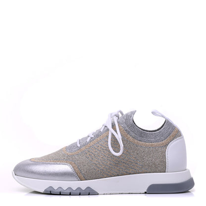 Hermes Metallic Knit Calfskin Suede Goatskin Bi-Color Womens Addict Sneakers 37 Multicolor Gris Argent 1 of 12