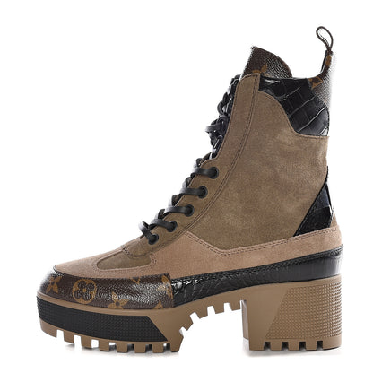 Louis Vuitton Suede Calfskin Monogram Laureate Platform Desert Boots 35 Taupe 1 of 9