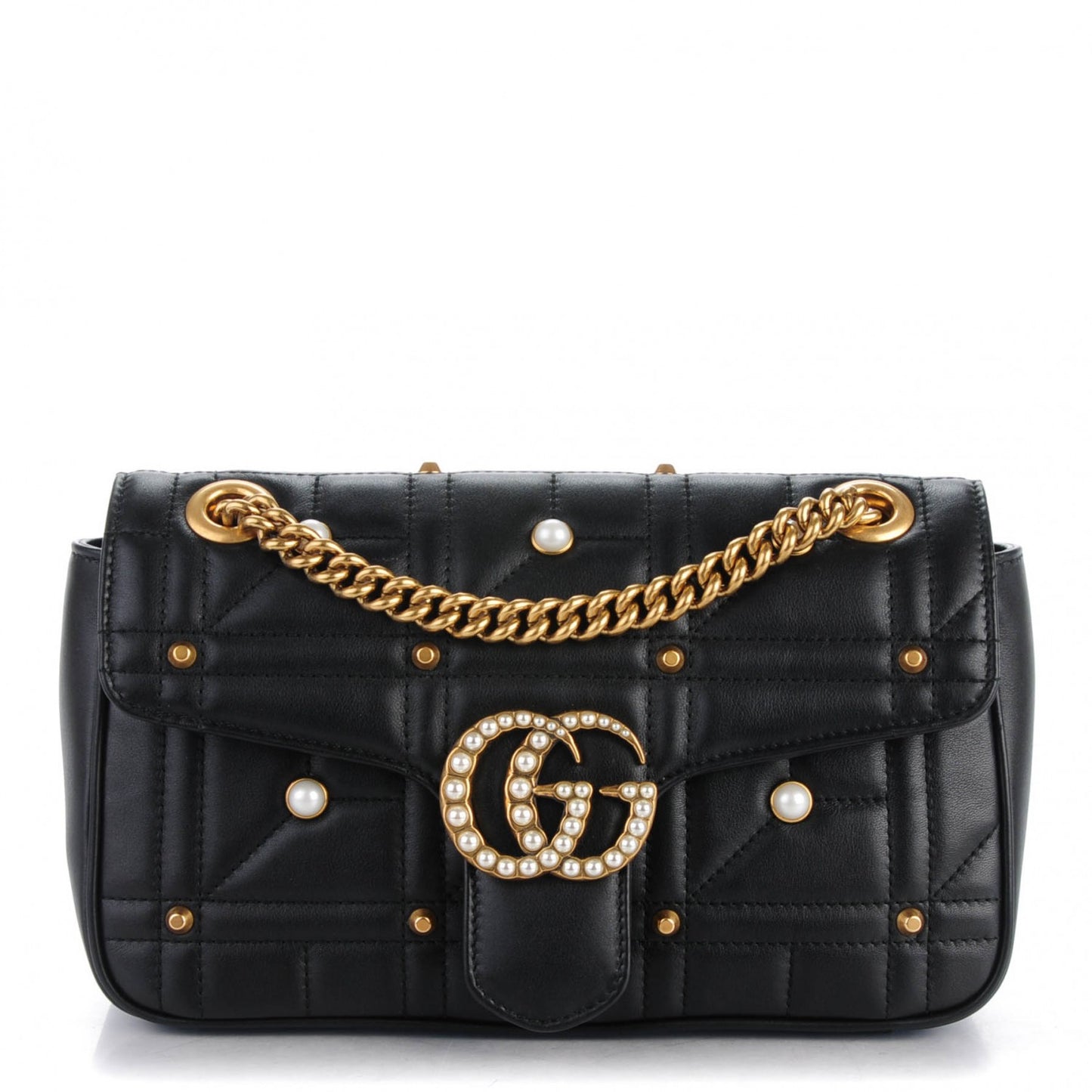Calfskin Matelasse Studded Small Pearly GG Marmont Shoulder Bag Black
