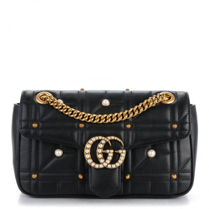 Gucci Calfskin Matelasse Studded Small Pearly GG Marmont Shoulder Bag Black 1 of 7