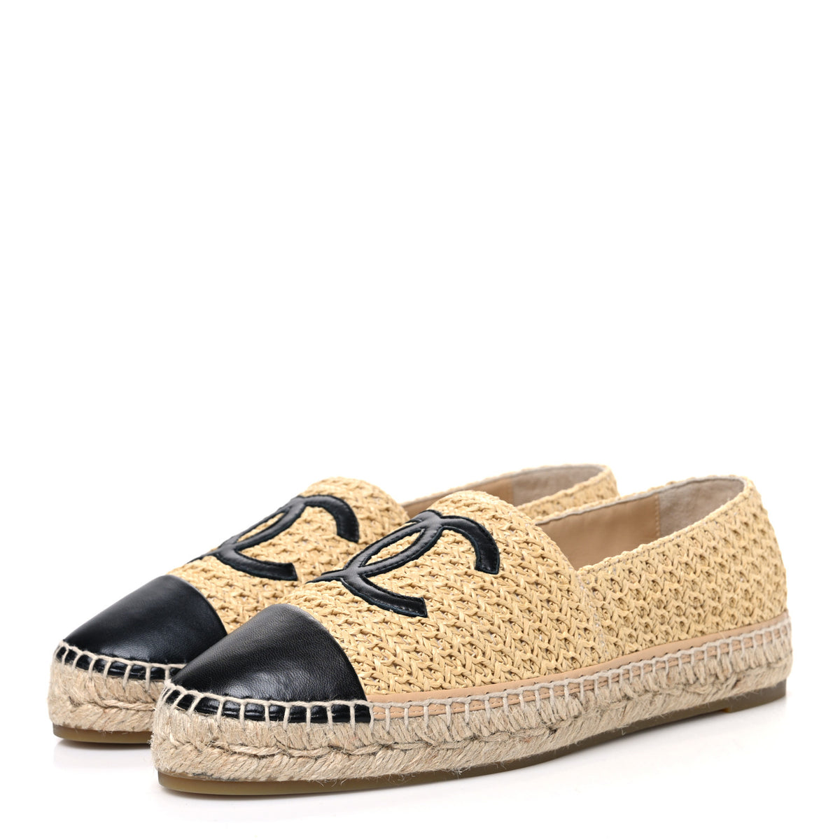 Braided Fabric Lambskin CC Espadrilles 42 Beige Black