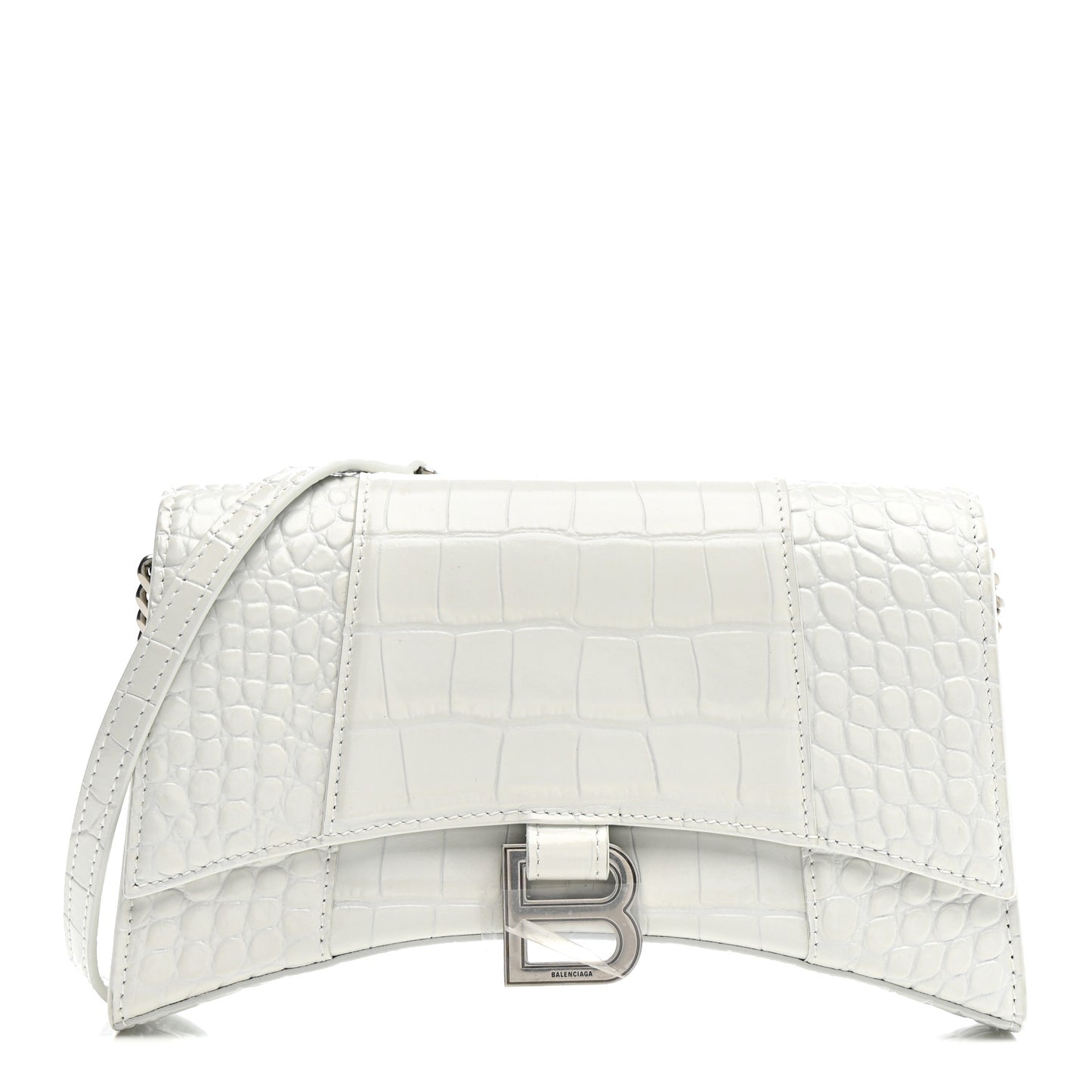 Shiny Calfskin Crocodile Embossed Small Hourglass Evening Chain Bag White