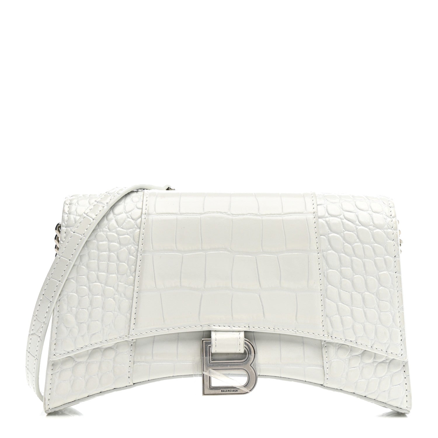 Balenciaga Shiny Calfskin Crocodile Embossed Small Hourglass Evening Chain Bag White 1 of 13