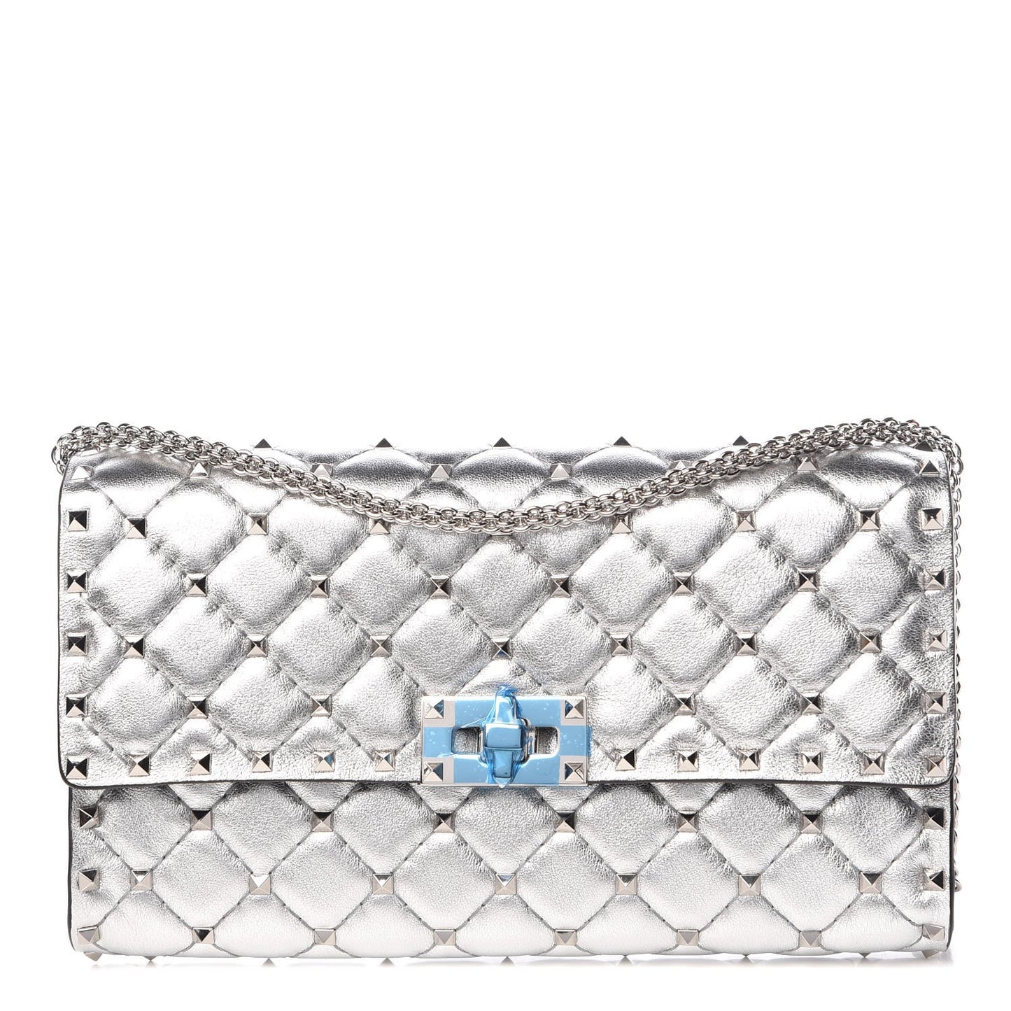 Metallic Nappa Rockstud Spike Wallet on Chain Silver