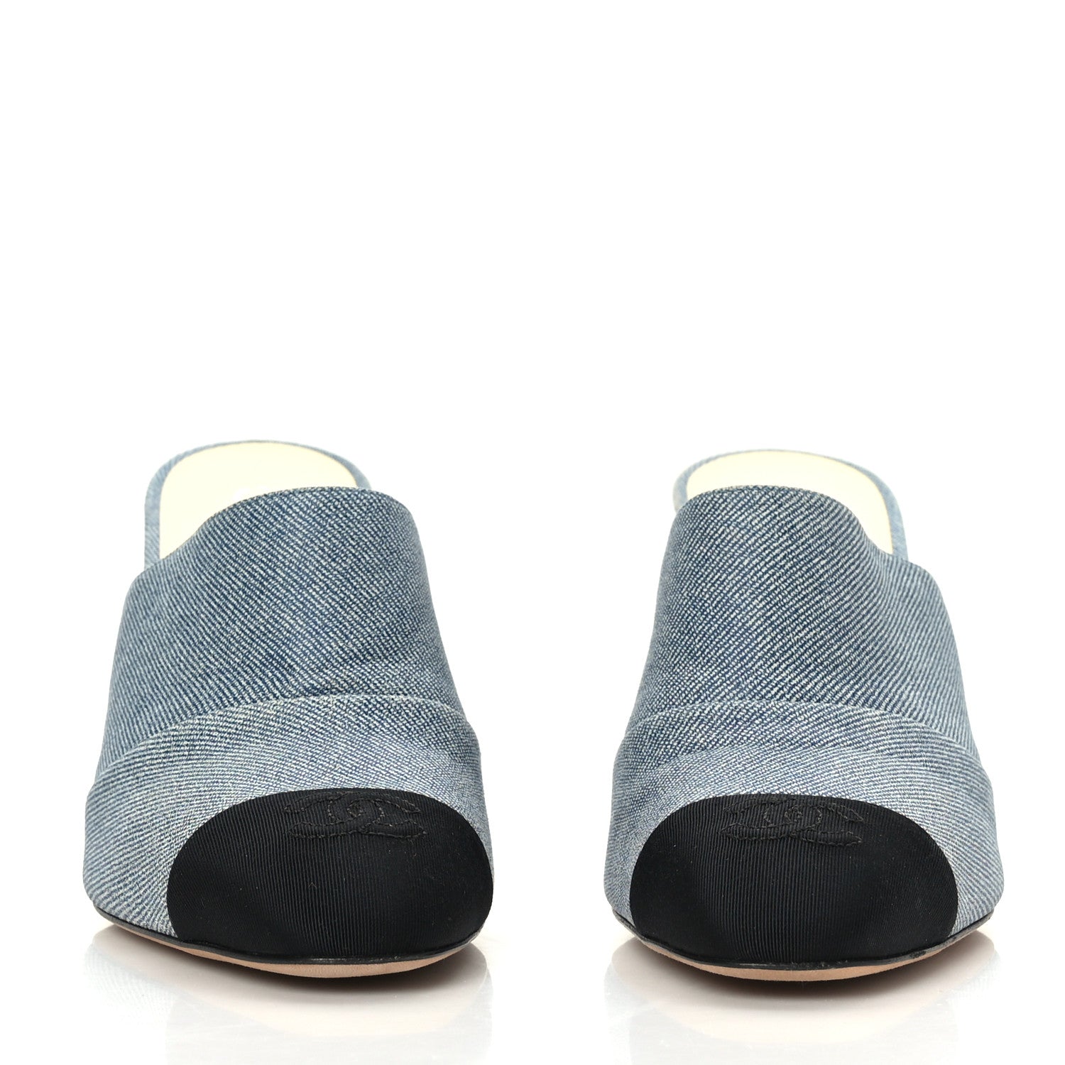 Chanel Printed Lambskin Grosgrain Cap Toe CC Mules 38.5 Blue Black 2 of 8