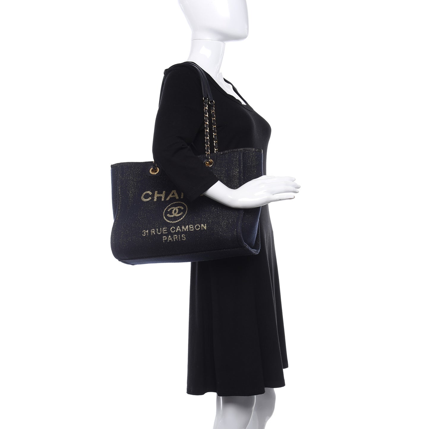 Lurex Canvas Small Deauville Tote Navy Blue Gold