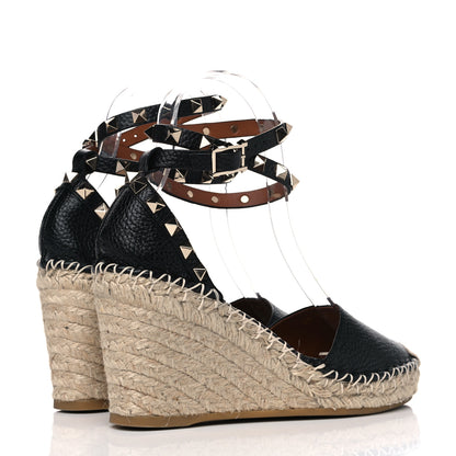 Valentino Garavani Grained Calfskin Rockstud Ankle Wrap Espadrille 15/85mm Wedges 35 Black Light Cuir 3 of 4