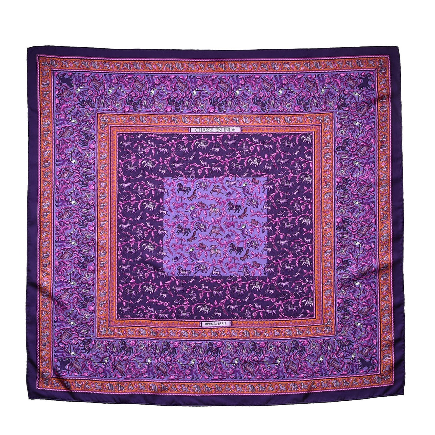 Silk Chasse En Inde Scarf 90 Violet Orange Rose Indien