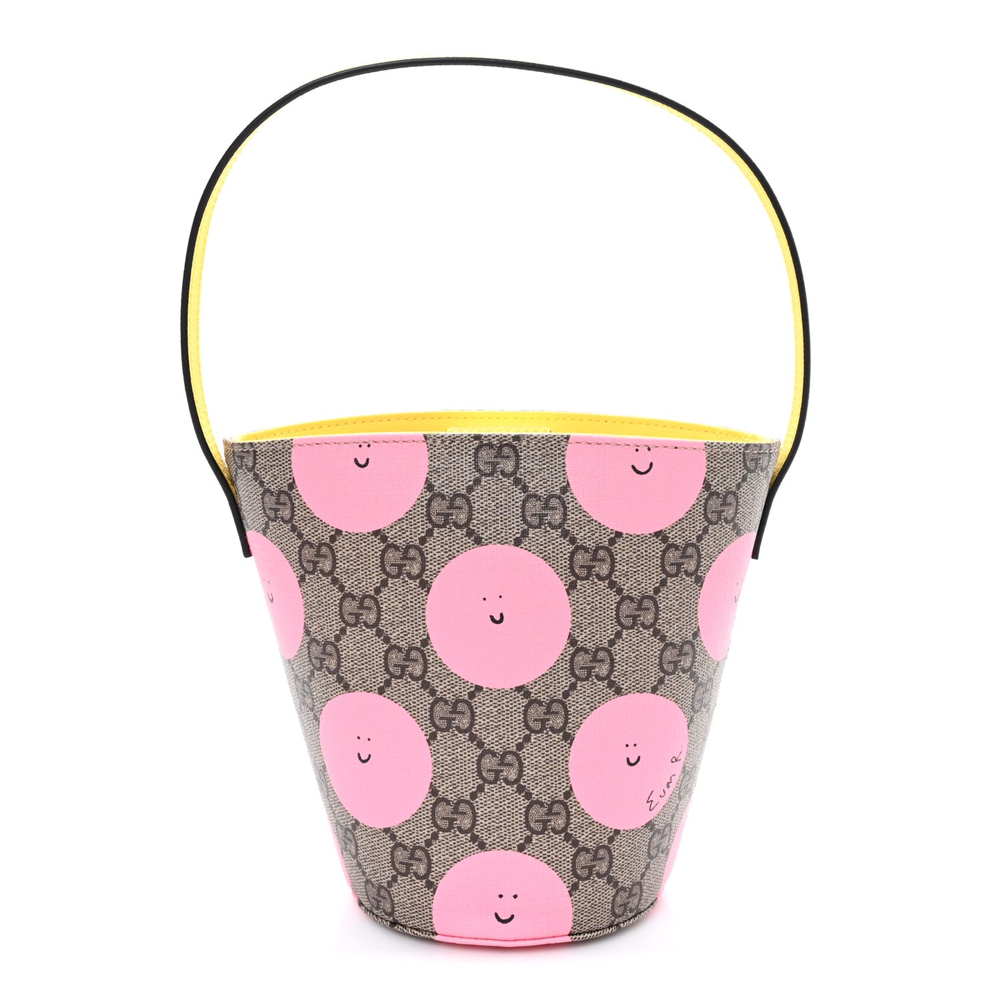 GG Supreme Monogram Childrens Printed Smile Bucket Bag Beige Dark Brown Yellow Pink