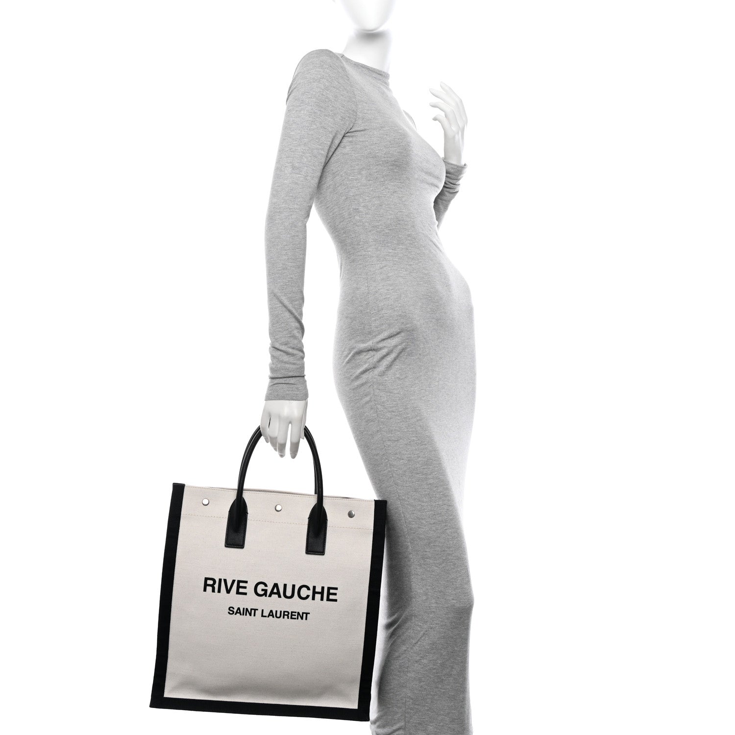 Saint Laurent Linen Calfskin Rive Gauche North South Tote White Black 2 of 10