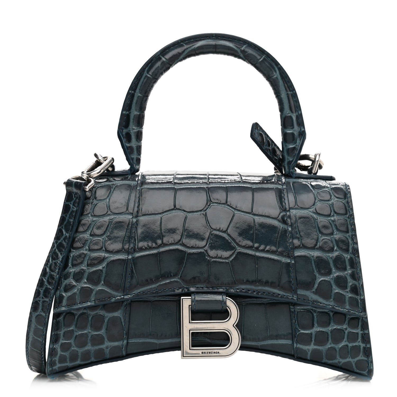 Balenciaga Shiny Calfskin Crocodile Embossed Hourglass Top Handle Bag XS Denim Blue 1 of 10