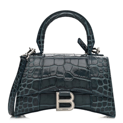 Balenciaga Shiny Calfskin Crocodile Embossed Hourglass Top Handle Bag XS Denim Blue 1 of 10
