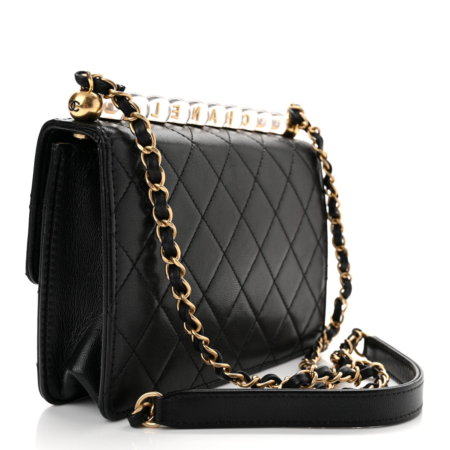 Goatskin Quilted Logo Small Chic Flap Black