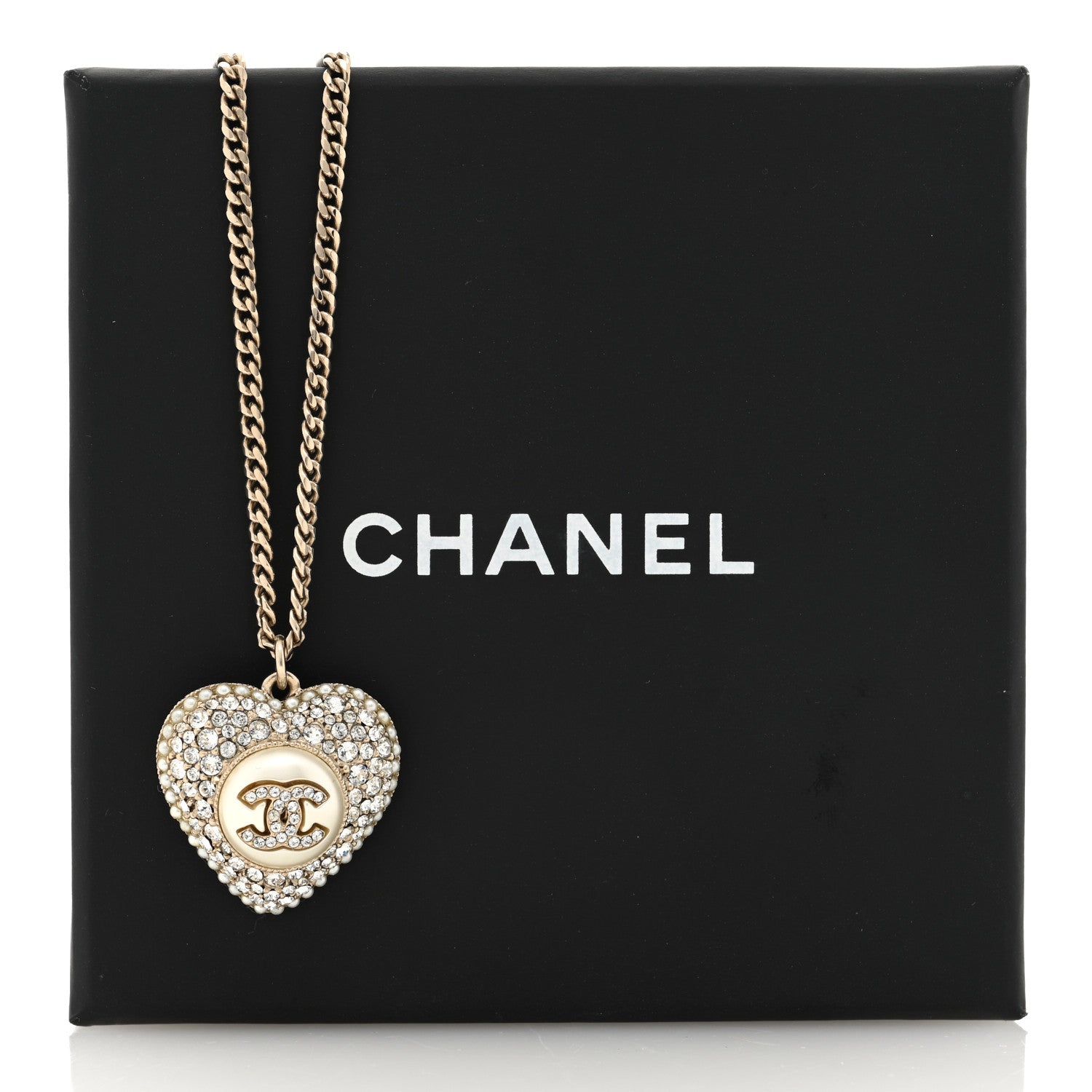 Chanel Pearl Crystal CC Heart Necklace Gold Pearly White 5 of 5